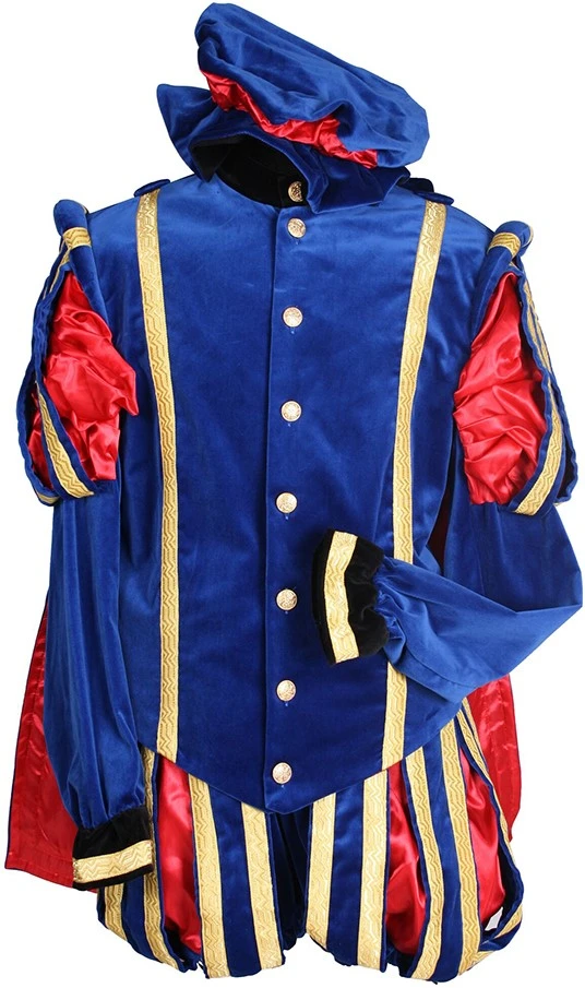 Overig Pietenkostuum Madrid Fluweel Met Cape Blauw-Rood 3 Overig Pietenkostuum Madrid Fluweel Met Cape Blauw-Rood